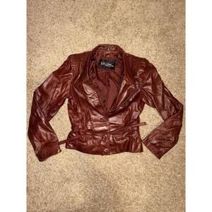 Vintage Wilsons Leather Jacket Womens 10 Burgundy Red 80s Peplum Belted Moto